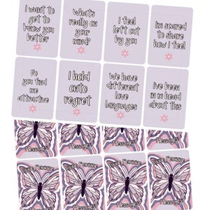 May include: A collection of lavender-colored cards with various phrases in black text, including "I want to get to know you better" and "What's really on your mind?" Decorative butterfly and floral designs are also present.
