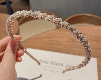 Pearl Chain Embellished Head Band in Champagne Color for Woman