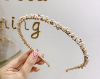 Rhinestone with Pearl Embellished Thin Headband in Champagne Color Hairband for Woman