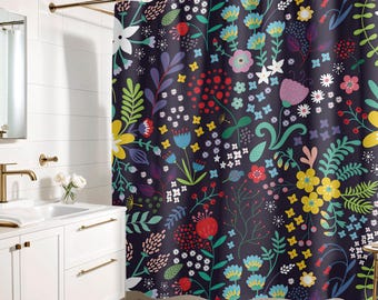 Floral Shower Curtain: Colorful Flowers Design Decor, Waterproof Fabric Bath Curtain, Botanical Shower, Vintage Art Style Bathroom Decor