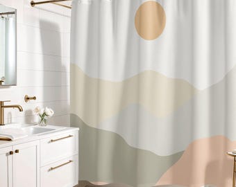 Abstract Sunset Shower Curtain: Vintage Boho Style, Waterproof Fabric Bath Curtain, Botanical Shower, Vintage Art Style Bathroom Decor