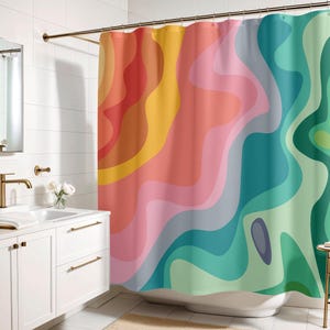 Retro Abstract Wave Shower Curtain: Funky Boho Decor, Waterproof Fabric Bath Curtain, Botanical Shower, Vintage Art Style Bathroom Decor