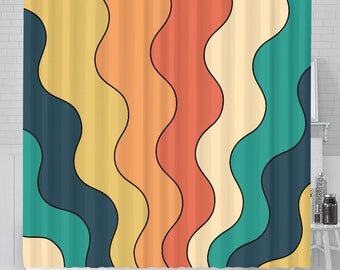 Retro Wave Shower Curtain: Funky Abstract Design, Waterproof Fabric Bath Curtain, Botanical Shower, Vintage Art Style Bathroom Decor