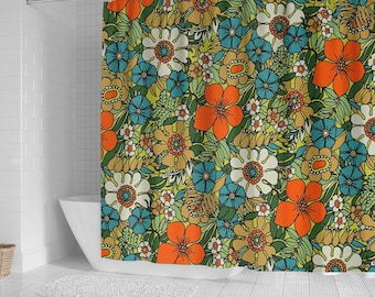 May include: A shower curtain with a retro floral pattern. The design features a variety of flowers in shades of orange, yellow, blue, and white on a green background.