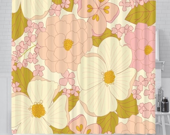 May include: A shower curtain with a retro floral pattern. The design features large pink and cream flowers with yellow centers, surrounded by smaller pink flowers and green leaves on a cream background.