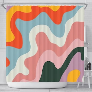 Retro Colorful Wave Shower Curtain: Colorful Boho Decor, Waterproof Fabric Bath Curtain, Botanical Shower, Vintage Art Style Bathroom Decor