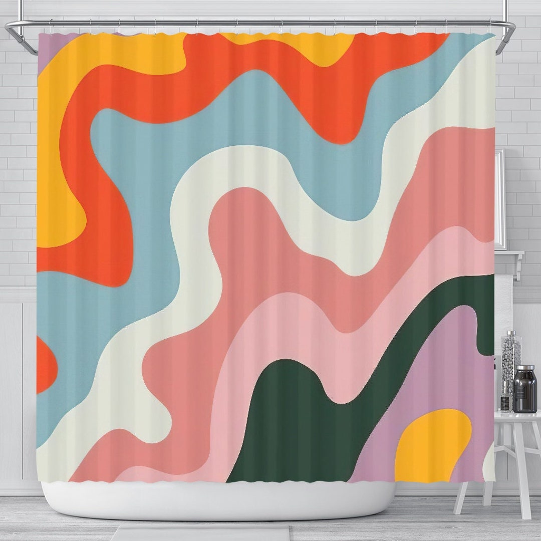 Colorful Retro Wave Shower Curtain Boho Shower Curtain Etsy