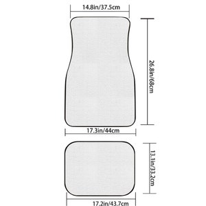 May include: Two car floor mats, one large and one small. The large mat is 14.8 inches by 26.8 inches and the small mat is 13.1 inches by 17.2 inches.