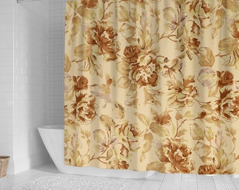 May include: A shower curtain with a floral pattern. The background is a light beige color and the flowers are a brown color. The flowers are a variety of sizes and shapes.