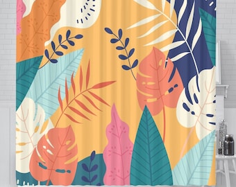 May include: A shower curtain with a tropical leaf pattern. The leaves are in shades of blue, green, orange, pink, and white on a yellow background.