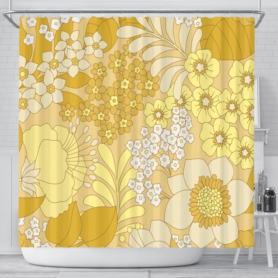 Yellow Flowers Shower Curtain Floral Bath Curtain Colorful Etsy