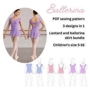 May include: A PDF sewing pattern for a ballerina leotard and skirt bundle in children's sizes 5-16. The image displays three designs in one, featuring a light purple leotard with a skirt, a V-neckline, and a bow detail on the back.