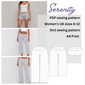 Puede incluir: Patrón de costura PDF Serenity para tres estilos de pantalones grises, incluyendo shorts, pantalones cortos y pantalones largos. El patrón incluye tallas británicas 6-12 y está formateado para impresión A4. Dibujos técnicos muestran las variantes.