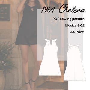 May include: A 1964 Chelsea PDF sewing pattern for a dress in UK sizes 6-12, featuring an A4 print format. The graphic displays a black dress and two white line-art technical sketches showing the front and back views with a high neckline.