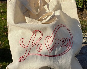 Cotton tote bag valentine's day gift idea - personalized hand-embroidered shopping bag - LOVE writing