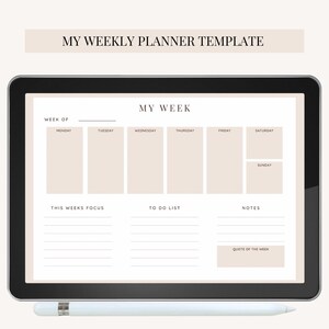 Weekly planner, digital weekly planner, blank undated planner template, weekly planner for iPad GoodNotes, weekly journal
