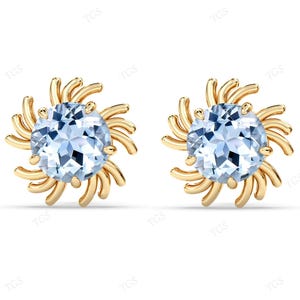 Kolczyki z akwamarynem w kształcie słońca dla kobiet, vintage'owe, wyraziste kolczyki, unikatowe, nowoczesne, złote kolczyki z akwamarynem, delikatne kolczyki z akwamarynem