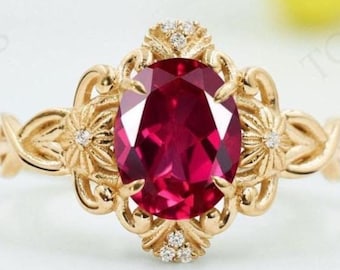 14K Gold Ruby Engagement Ring For Women Art Deco Floral Design Wedding Ring Antique Filigree Design Bridal Ring Unique Promise Ring For Her