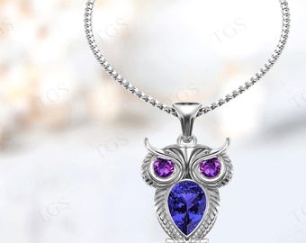 Colgante Art Deco de búho de tanzanita con múltiples piedras preciosas en oro de 14 quilates para mujer, colgante vintage de tanzanita para regalo de aniversario.