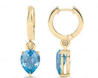 Sky Blue Topaz Huggie Hoop Earrings For Women Art Deco Tear Drop Wedding Earrings 925 Sterling Silver Blue Topaz Dangle Drop Earrings