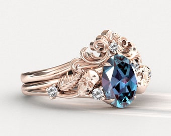 Conjunto de anillos de compromiso de Alejandrita de corte ovalado Conjunto de anillos de boda estilo filigrana Art Deco vintage Diseño de hoja único Anillos de promesa nupcial para mujeres