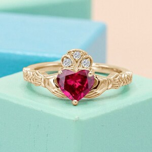 Claddagh Style Ruby Engagement Ring Art Deco Heart Shaped Ruby Wedding ...
