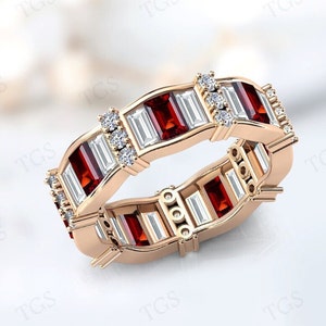 14k Gold Garnet Baguette Wedding Band For Her Unique Red Garnet Baguette Eternity Engagement Band Antique Moissanite Baguette Eternity Band