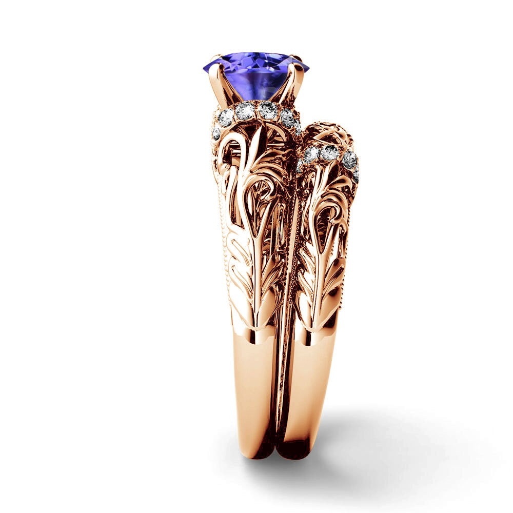 Art Deco Filigree Wedding Ring Set 14k Rose Gold Engagement Etsy