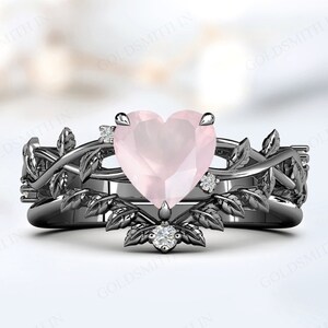 Unique Rose Quartz Engagement Ring Set For Women Art Deco Leaf Style Wedding Ring Set Vintage Heart Shape Rose Quartz Bridal Promise  Rings