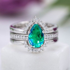 Pear Cut Peacock Quartz Halo Engagement Ring Set Antique 2 Piece Bridal Ring Set Art Deco Wedding Ring Set 14k Gold Peacock Quartz Ring Set