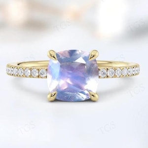 Natural Moonstone Engagement Ring For Her Vintage Cushion Cut Moonstone Ring 14k Gold Moissanite Ring Unique Bridal Promise Ring For Woman
