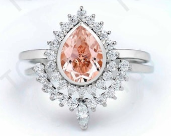 Peach Morganite Engagement Ring Set Art Deco Morganite Wedding Ring Set Pear Cut Antique Bridal Anniversary Ring Set Unique Promise Ring Set