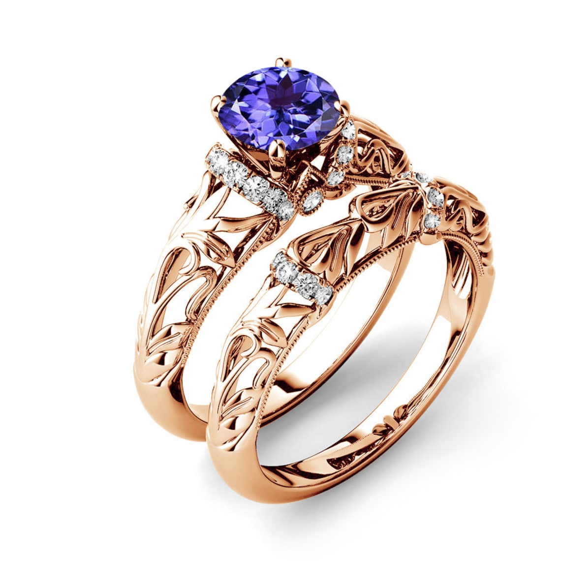 Art Deco Filigree Wedding Ring Set 14k Rose Gold Engagement Etsy