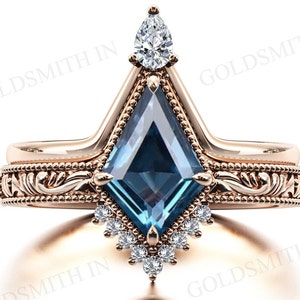 London Blue Topaz Engagement Ring Set Art Deco 2 Pcs Wedding Ring Set Kite Cut Blue Topaz Bridal Promise Ring Set For Women Anniversary Gift