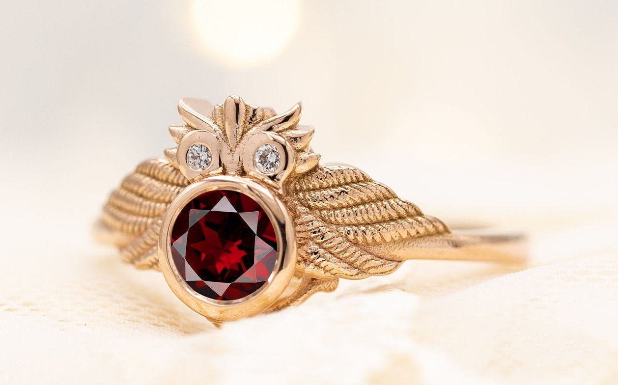 Antique Owl Style Red Garnet Engagement Ring Art Deco Wedding Ring Unique Red Garnet Bridal Ring 14k