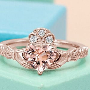 Claddagh Style Heart Shaped Morganite Engagement Ring Pink Gemstone Unique Wedding Ring Antique Bridal Promise Anniversary Ring For Women