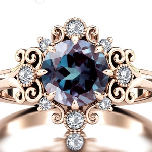 14k Rose Gold Alexandrite Engagement Ring Antique Art Deco Wedding Ring Vintage Filigree Design Bridal Ring Unique Promise Anniversary Ring