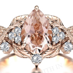 Antique Morganite Wedding Ring Nature Inspired Branch Texture Ring For Women Art Deco Leaf Design Bridal Ring Tree Texture Engagement Ring
