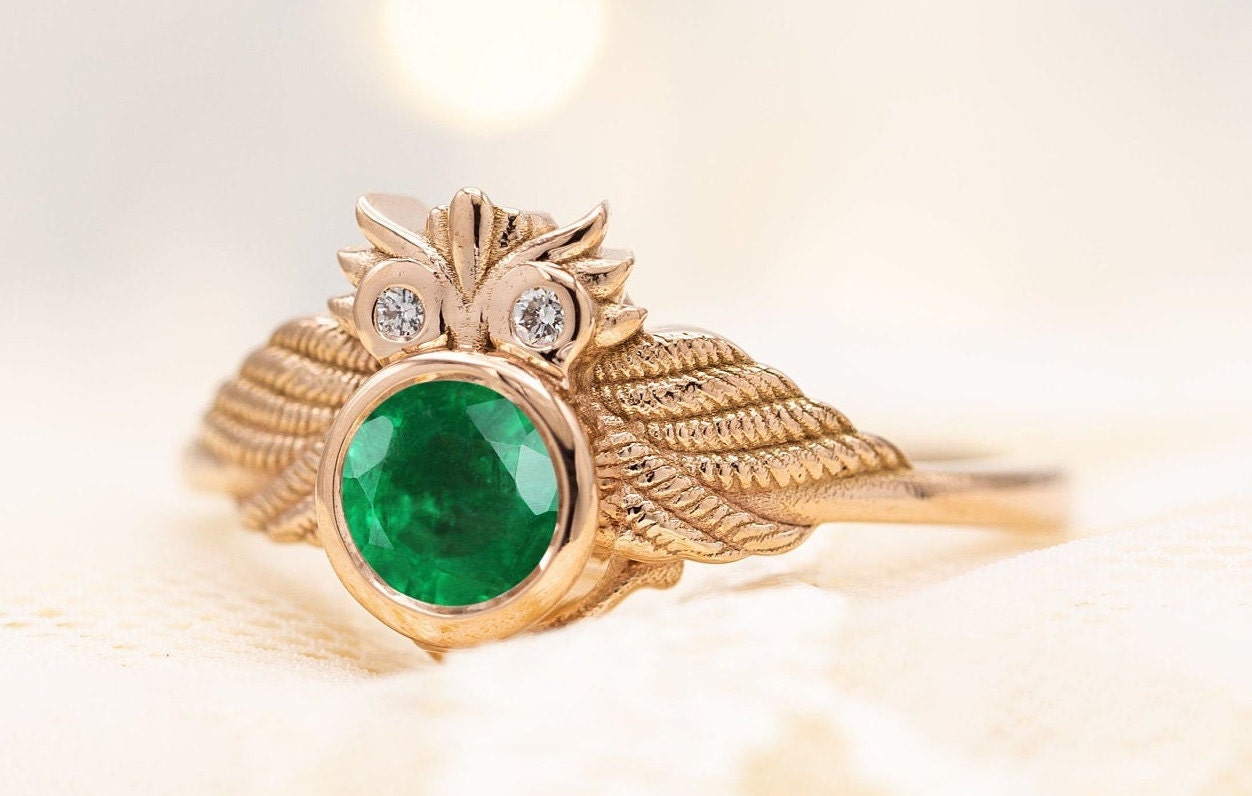 Owl Style Emerald Engagement Ring Unique Emerald Wedding Ring Vintage Art Deco Emerald Bridal Promis