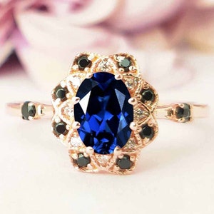 Unique Blue Sapphire Engagement Ring Oval Cut Sapphire Wedding Ring Antique Sapphire Bridal Promise Ring Art Deco Anniversary Ring For Women