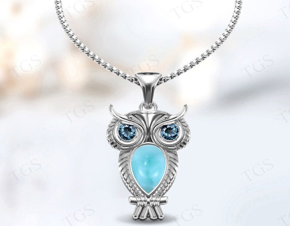 Unique Owl Larimar Pendant For Women Art Deco Multi Gemstone Animal Pendant 925 Sterling Silver Owl 