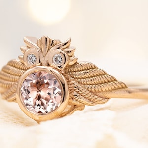 Peach Morganite Engagement Ring Owl Style Morganite Bridal Ring Unique Art Deco Morganite Wedding Ring Antique Promise Anniversary Ring