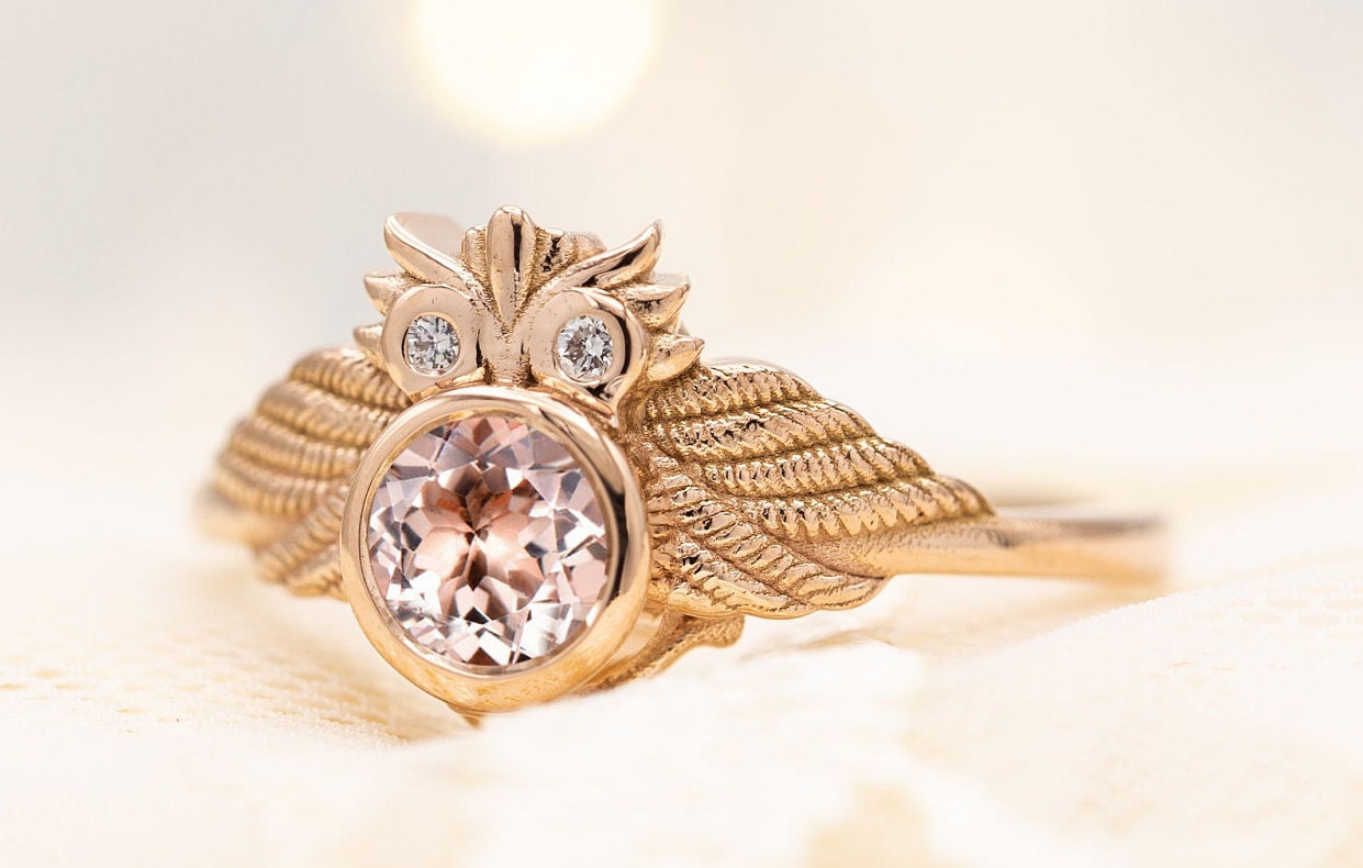 Peach Morganite Engagement Ring Owl Style Morganite Bridal Ring Unique Art Deco Morganite Wedding Ri