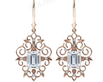 Art Deco Moissanite Earrings For Women Bridal Earrings Antique Filigree Design Earrings 925 Silver Emerald Shaped Moissanite Wedding Earring
