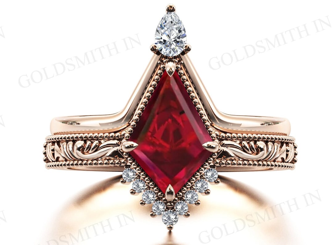 Ruby Rings Set Ruby Engagement Ring Set Art Deco Kite Shaped Ruby Wedding Ring Set 925 ...