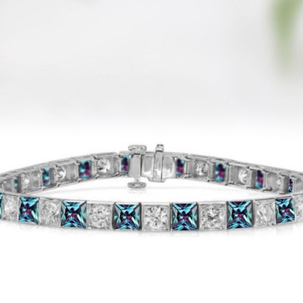 Princess Cut Alexandrite Bracelet Sterling Silver Alexandrite Bracelet Tennis Bracelet For Women Anniversary Gift Women Alexandrite Bracelet