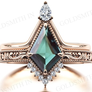 Color Changing Teal Sapphire Engagement Ring Set Kite Cut Teal Sapphire Art Deco Wedding Ring Set Vintage Bridal Ring Set Anniversary Gift