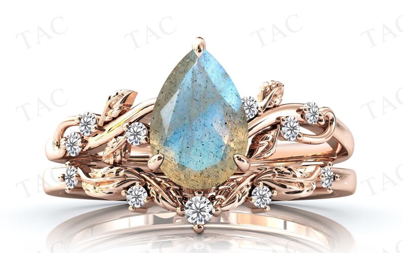 Labrine Engagement Rings Vine Leaf Design Labradorite Bridal Ring Set for Women Natural Blue ...