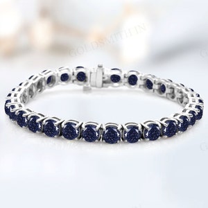 Galaxy Blue Sandstone Wedding Bracelet For Women 925 Silver Blue Sandstone Tennis Bracelet Antique Round Shape Gemstone Handmade Bracelet