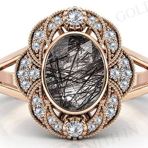 Black Rutilated Quartz Engagement Ring Oval Shaped Rutile Quartz Halo Wedding Ring 925 Silver Rutile Bridal Promise Ring Anniversary Gift